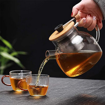 YMEEI 1L стъклен чайник с инфузер от неръждаема стомана Отопляем контейнер Чайник Прозрачен чай с цветя Чай с бамбуков капак Съдове за напитки