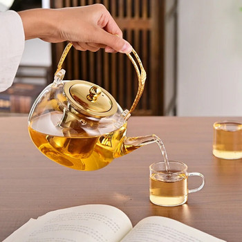 1000 мл стъклена кана за чай, топлоустойчива кана за чай с инфузер от неръждаема стомана, прозрачен комплект за чай, преносим чайник с метална дръжка