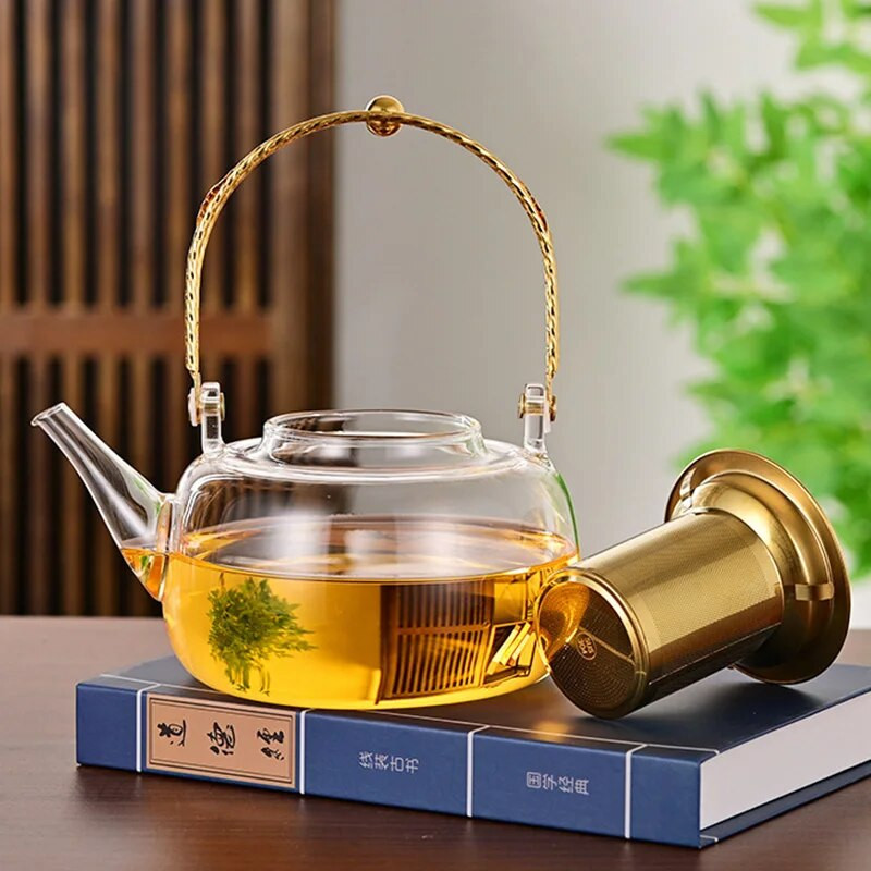 1000 ml-es üveg teáskanna hőálló teáskanna rozsdamentes acél infúzióval átlátszó teáskészlet, hordozható fém fogantyú teáskanna