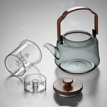 Стъклен чайник с дървена дръжка и инфузер Сив прозрачен стъклен чайник Топлоустойчива кана за чай, кана за кафе Преносима кана за чай Чай