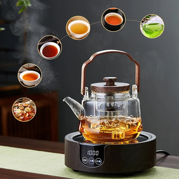 Стъклен чайник с дървена дръжка и инфузер Сив прозрачен стъклен чайник Топлоустойчива кана за чай, кана за кафе Преносима кана за чай Чай
