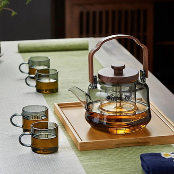 Γυάλινη τσαγιέρα με ξύλινη λαβή με έγχυση γκρι διαφανές γυάλινο βραστήρα Ανθεκτικό στη θερμότητα Φορητό μπρίκι για τσάι