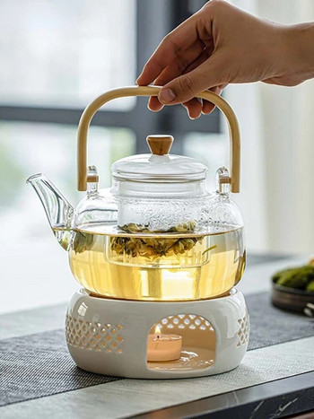 Дръжка Стъклена тенджера за чай Топлоустойчив чайник Чайник с цветя Чайник за чай Голям прозрачен съд за плодов сок Основа за държач за керамичен чайник