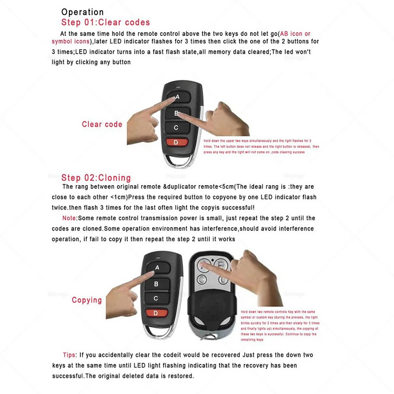 Univerzális, 433,92 MHz-es sokszorosító távirányító, garázsajtó nyitó távirányító, 4 gombos csereajtós távirányító kütyükhöz autós otthon