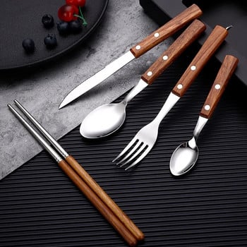 Ξύλινη λαβή σετ μαχαιροπήρουνων Western από ανοξείδωτο ατσάλι Κουτάλια Chopsticks Μπριζόλα Μαχαίρι Πιρούνι Επιτραπέζιο σκεύος Vintage σερβίτσιο κουζίνας