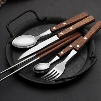 Ξύλινη λαβή σετ μαχαιροπήρουνων Western από ανοξείδωτο ατσάλι Κουτάλια Chopsticks Μπριζόλα Μαχαίρι Πιρούνι Επιτραπέζιο σκεύος Vintage σερβίτσιο κουζίνας