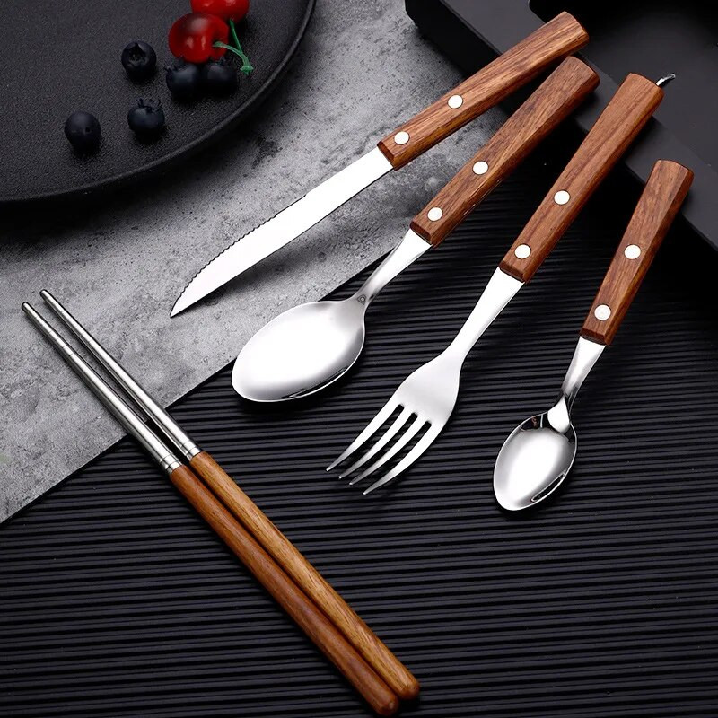 Drvena drška Set pribora za jelo Western nehrđajući čelik Žlica Štapići za jelo Odrezak Nož Vilica Posuđe Vintage posuđe Kuhinjsko posuđe