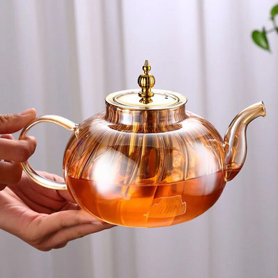 Ceainic de sticlă de 1250 ml, ceainic cu flori, ceainic de cafea transparent, rezistent la căldură, cu filtru, ceainic Kungfu cu dungi de sticlă