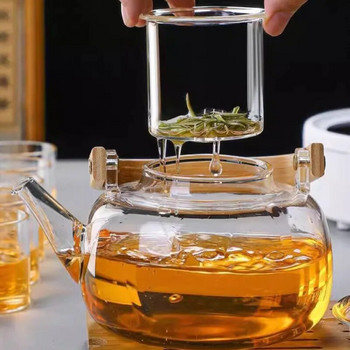 HMLOVE Чайник от силициево стъкло с високо съдържание на бор Китайска чайна церемония Прозрачен комплект чайни облекла Чаша с филтър Дървена дръжка Чайник 900 мл