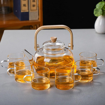 HMLOVE Чайник от силициево стъкло с високо съдържание на бор Китайска чайна церемония Прозрачен комплект чайни облекла Чаша с филтър Дървена дръжка Чайник 900 мл