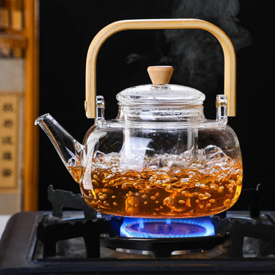 HMLOVE Ceainic din sticlă siliconică cu conținut ridicat de bor Ceremonia ceaiului chinezesc Set de ceainic transparent Filtru de ceai cu mâner din lemn ceainic 900ML