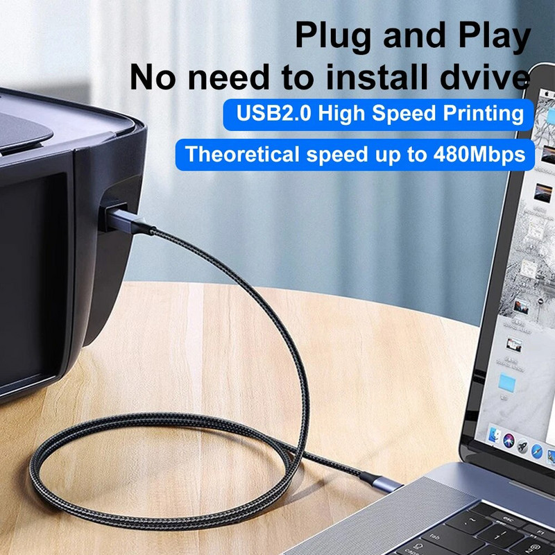 USB 2.0 spausdintuvo kabelis, tipas C–USB B, spausdintuvo kabelis pintas spausdintuvo skaitytuvo laidas, skirtas Epson HP Canon Brother MacBook Pro 1/2/3m