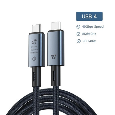 100 W / 240 W 40 Gbps duomenų perdavimo USB 4 duomenų kabelis, skirtas Thunderbolt 4 visų funkcijų C tipo 10 Gbps dvigubas 8K vaizdo laidas greitas įkrovimas