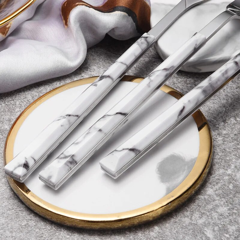 1 db rozsdamentes acél étkészlet előkelő márvány nyéllel ezüst nyugati étkészlet kés desszert villa kanál evőeszközök konyhai edények