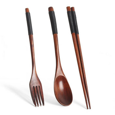 Set de tacâmuri din lemn 3 bucăți bețișoare din lemn lingură furculiță stil japonez lingură furculiță set bețișoare lingură veselă portabilă cu sac