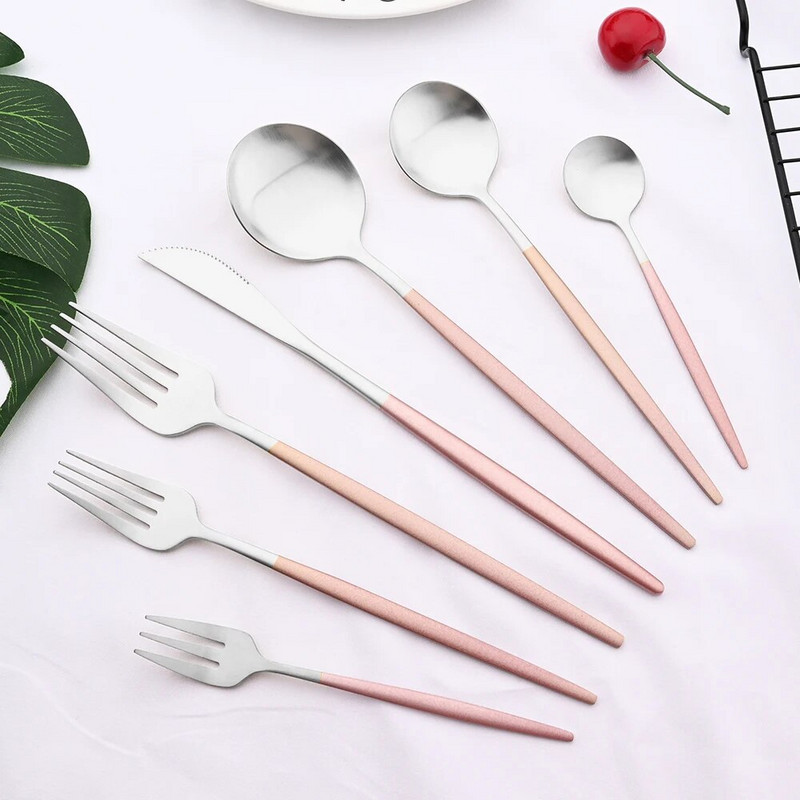 Posuđe za jelo Ružičasto srebrno srebrno posuđe Set pribora za jelo od nehrđajućeg čelika Luksuzni pribor za jelo Kućna vilica Žlica Nož Kuhinjski set za jelo Drop ship