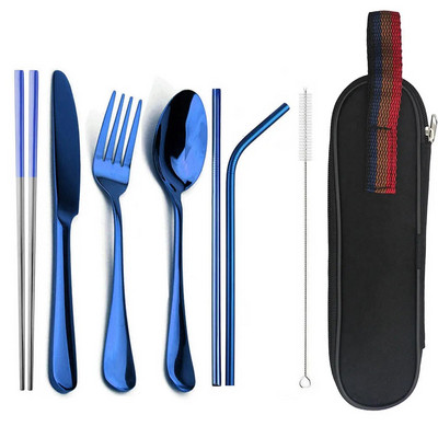 JANKNG Posuđe Pribor za jelo od nehrđajućeg čelika Putovanje Kampiranje Set posuđa Žlica Vilica Štapići sa slamkom Prijenosna torbica