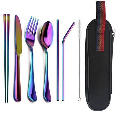 JANKNG Posuđe Pribor za jelo od nehrđajućeg čelika Putovanje Kampiranje Set posuđa Žlica Vilica Štapići sa slamkom Prijenosna torbica