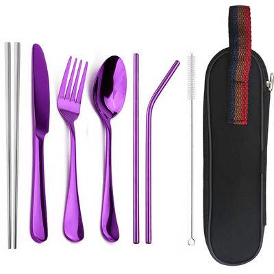 JANKNG Posuđe Pribor za jelo od nehrđajućeg čelika Putovanje Kampiranje Set posuđa Žlica Vilica Štapići sa slamkom Prijenosna torbica