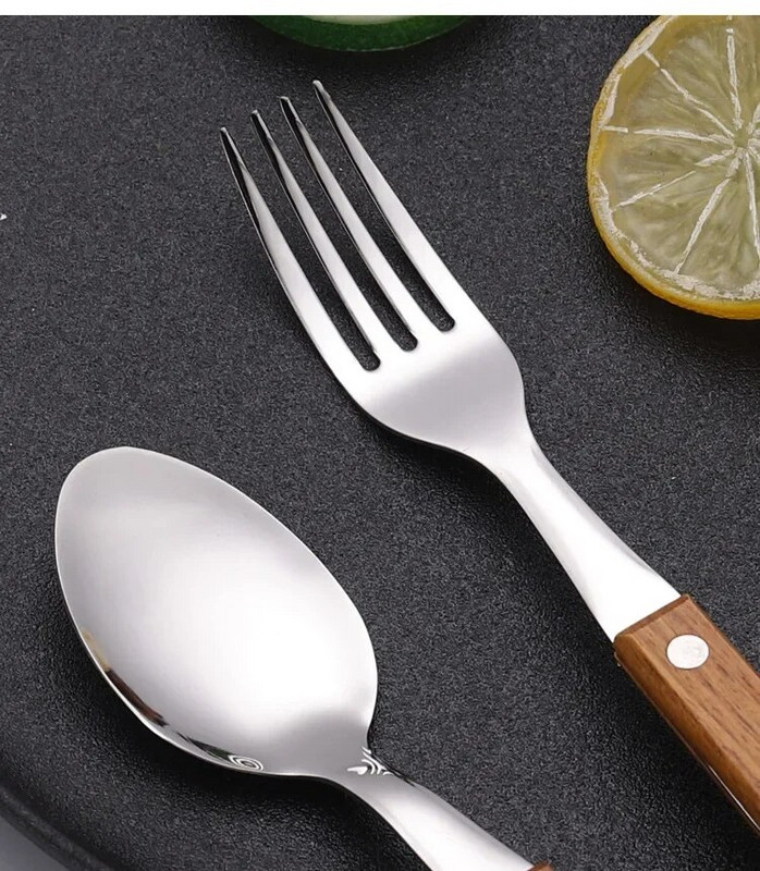 Drveni set pribora za jelo u retro stilu 304 Set pribora za jelo od nehrđajućeg čelika Drveni nož za večeru Vilica za večeru Žlica Set pribora za jelo