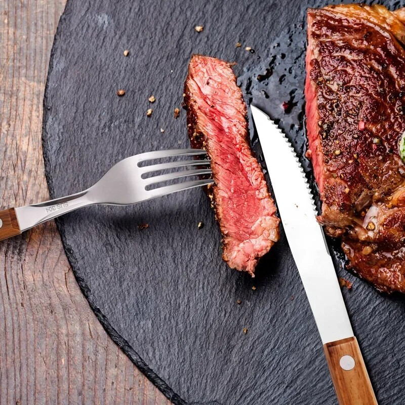 Drveni set pribora za jelo u retro stilu 304 Set pribora za jelo od nehrđajućeg čelika Drveni nož za večeru Vilica za večeru Žlica Set pribora za jelo