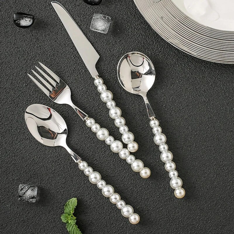 1/3/4Pcs Pearl set pribora za jelo Western 18/10 Inox Posuđe za vjenčanje Posuđe za jelo s umetnutim dijamantima Nož Vilica Žlica Poklon