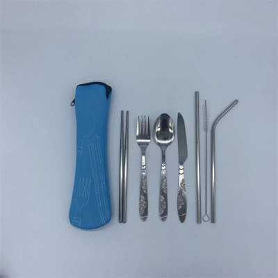 Set od 3 komada/7 komada posuđa za jelo Prijenosni tiskani nehrđajući čelik Žlica Vilica Odrezak Nož Set Putni pribor za jelo Posuđe s vrećicom