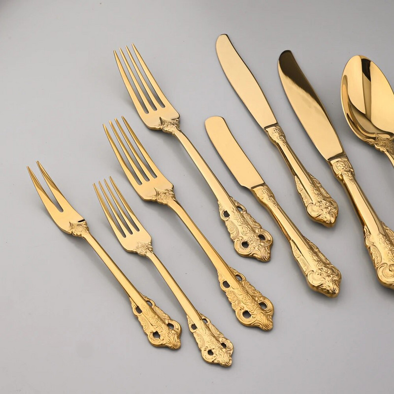 Vintage Western pribor za jelo 18/10 od nehrđajućeg čelika Luksuzni zlatni set posuđa za jelo Posuđe za odrezak Nož Vilica Žlica Srebrni pribor za jelo