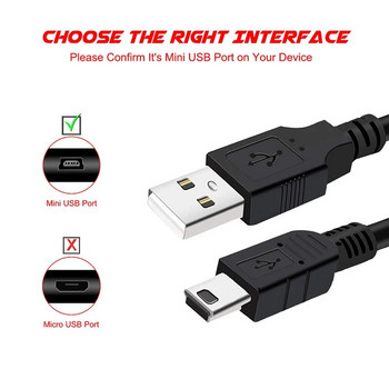 Mini USB 2.0 кабел за данни USB-A към Mini-B кабел за зарядно устройство Съвместим с Garmin Nuvi GPS SatNav Dash Cam камера PS3 контролер MP3/4