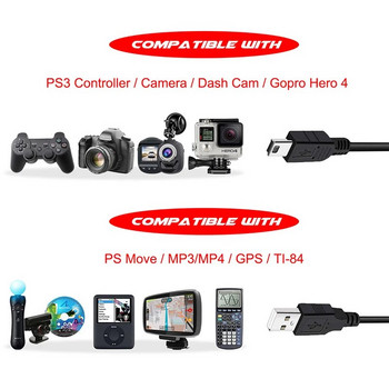 Mini USB 2.0 кабел за данни USB-A към Mini-B кабел за зарядно устройство Съвместим с Garmin Nuvi GPS SatNav Dash Cam камера PS3 контролер MP3/4