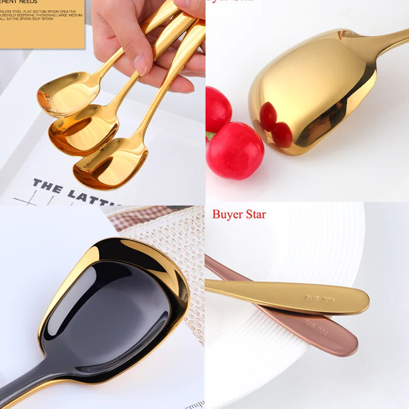 3Pcs/Set Zlatne ravne žlice od nehrđajućeg čelika Metalna žličica za juhu Žličica za kavu Čaj Žlica za večeru Set za posluživanje hrane Kuhinjski pribor