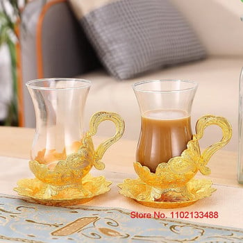 Златен комплект чаша за кафе и чинийка Луксозен Royal Court Ексклузивна стъклария Близкоизточен арабски черен чай Комплект чаши и чинии Комплект чаши и чинии