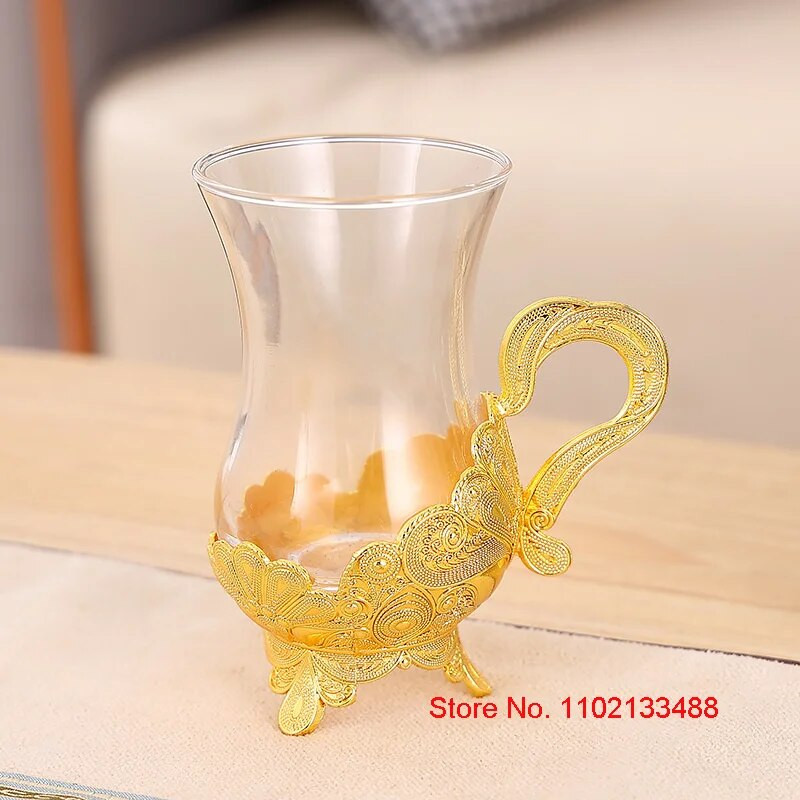 Zlatna šalica za kavu i set tanjurića Luksuzni Royal Court Ekskluzivno stakleno posuđe Bliski istok Arapski crni čaj Set čaša i posuđa Set šalica Set tanjura