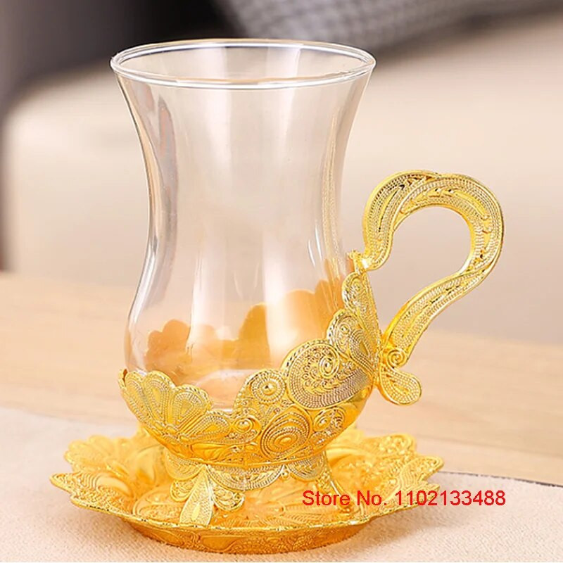 Zlatna šalica za kavu i set tanjurića Luksuzni Royal Court Ekskluzivno stakleno posuđe Bliski istok Arapski crni čaj Set čaša i posuđa Set šalica Set tanjura