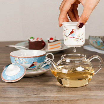 Керамичен чайник с цветя Чаша с цвете Птица Чинийка Комплект от топлоустойчиви стъклени саксии Чаша за кафе Следобеден чай Комплект за чай
