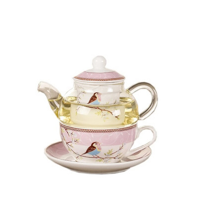 Керамичен чайник с цветя Чаша с цвете Птица Чинийка Комплект от топлоустойчиви стъклени саксии Чаша за кафе Следобеден чай Комплект за чай