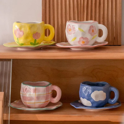 Ceașcă de cafea pictată manual Cerul albastru și nori albi cu farfurie Set farfurii pentru ceai din ceramică lucrată manual Cadou drăguț Tazas De Cafe