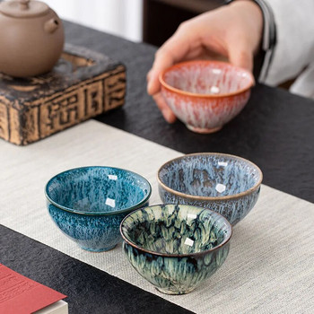 Винтидж многоцветна пещ Fambe Керамична чаша за чай в японски стил Ретро ръчно изработена чаша за чай Temmoku Glaze TeaSet Home Tea Bowl Master Cup