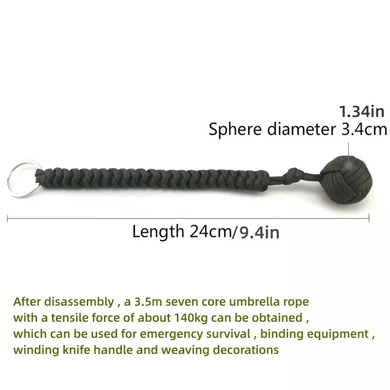 Lauko savigynos skėčio virvė, beždžionių kumščio plieninis rutulys, „Paracord Survival“ raktų pakabukas, lauko saugos priedai