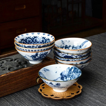 1 БР. Китайска синьо-бяла порцеланова чаша за път Пътна керамична купа за чай против нагар, ръчно рисувана конусовидна чаша Чаши за медитация Чаен комплект
