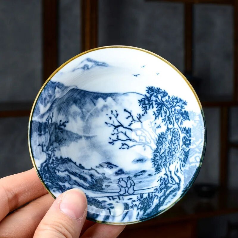 1 KOM Kineska plavo-bijela porculanska šalica za čaj Putna keramička zdjela za čaj protiv kamenca Ručno oslikana stožasta šalica Šalice za meditaciju Set za čaj