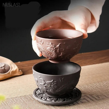 1 бр. Ръчно издълбани лилави глинени чаши за чай Dragon Design Tea Bowl Преносима главна чаша Лична единична чаша Традиционни аксесоари за чай