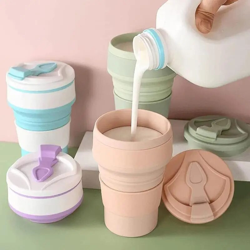 Silikoniniai sulankstomi kavos puodeliai Nešiojami lauke Kelioninis geriamasis puodelis Sulankstomas vandens arbatos puodelis su dangteliu, atsparus aukštai temperatūrai