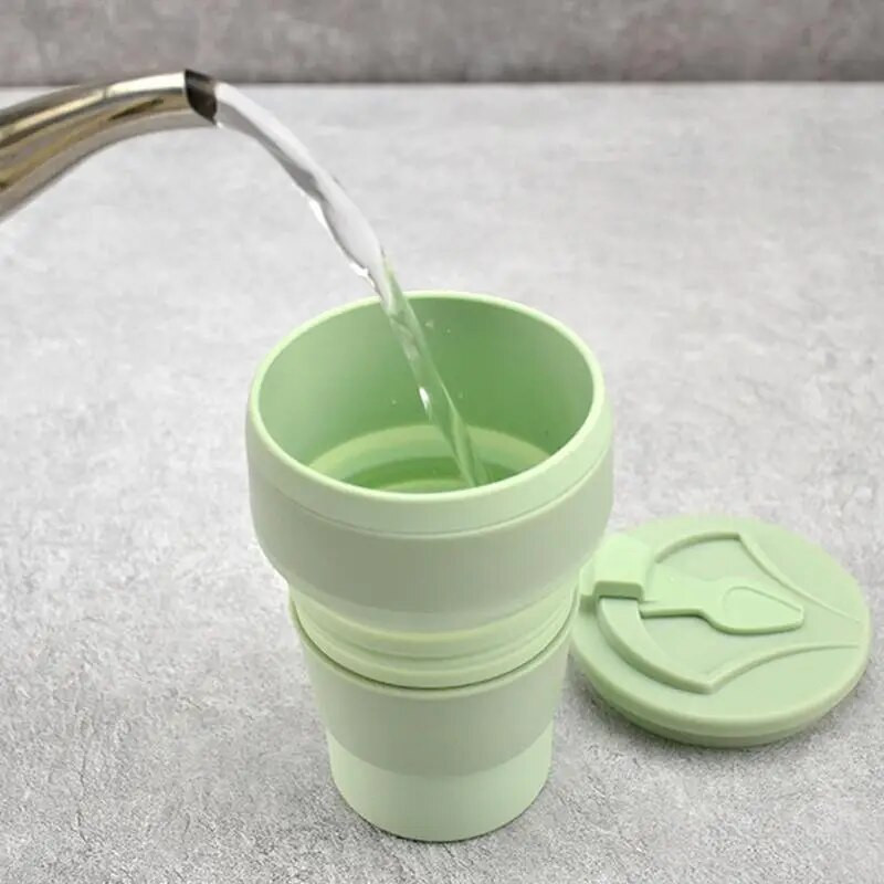 Silikoniniai sulankstomi kavos puodeliai Nešiojami lauke Kelioninis geriamasis puodelis Sulankstomas vandens arbatos puodelis su dangteliu, atsparus aukštai temperatūrai