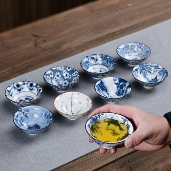1 БР. Традиционна синя и бяла порцеланова чаша за чай Купа за чай против нагар, ръчно рисувана керамична конусна чаша Чаши за медитация Чаен комплект
