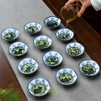 1 БР. Традиционна синя и бяла порцеланова чаша за чай Купа за чай против нагар, ръчно рисувана керамична конусна чаша Чаши за медитация Чаен комплект