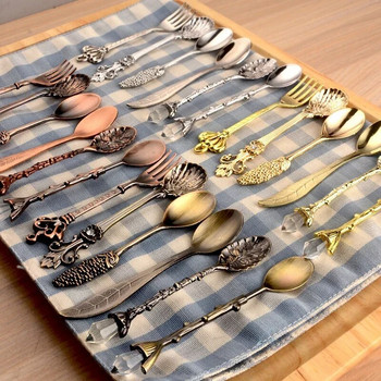 6 τμχ Vintage κουτάλια πιρούνι Mini Royal Style Bronze Χρώμα Μεταλλικό Σκαλιστό Πιρούνι Επιδόρπιο με Φρούτα Καφέ Ανακατεύοντας κουταλάκι του γλυκού Εργαλείο κουζίνας