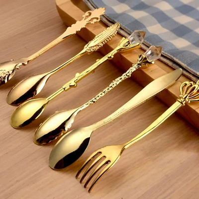 6 vnt Senoviniai šaukštai Šakutė Mini Royal Style Bronzinės spalvos metalo raižyta kavos vaisių desertinė šakutė maišoma šaukštelis virtuvės įrankis