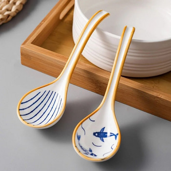 Керамична лъжица за супа с японска изящна синя шарка Лъжица с дълга дръжка Супа с юфка Кнедли за супа Wonton Лъжица за ориз Посуда