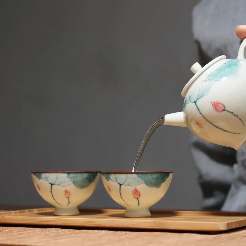 Vintage kerámia teáscsésze Személyes meditációs csésze Kézzel festett lótusz teástál mesterpohár Kézzel készített butik teáskészlet kiegészítők